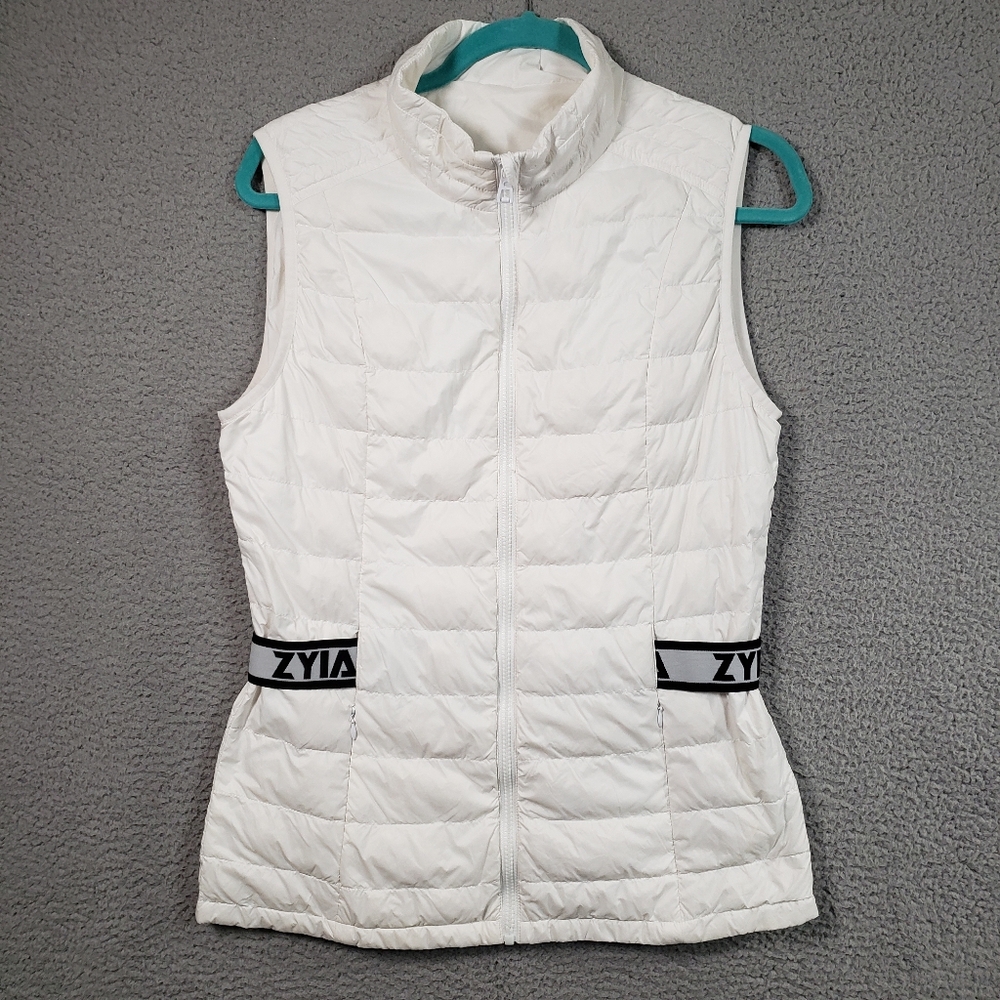 Zyia White Spell Out Zip Front Puffer Vest Large